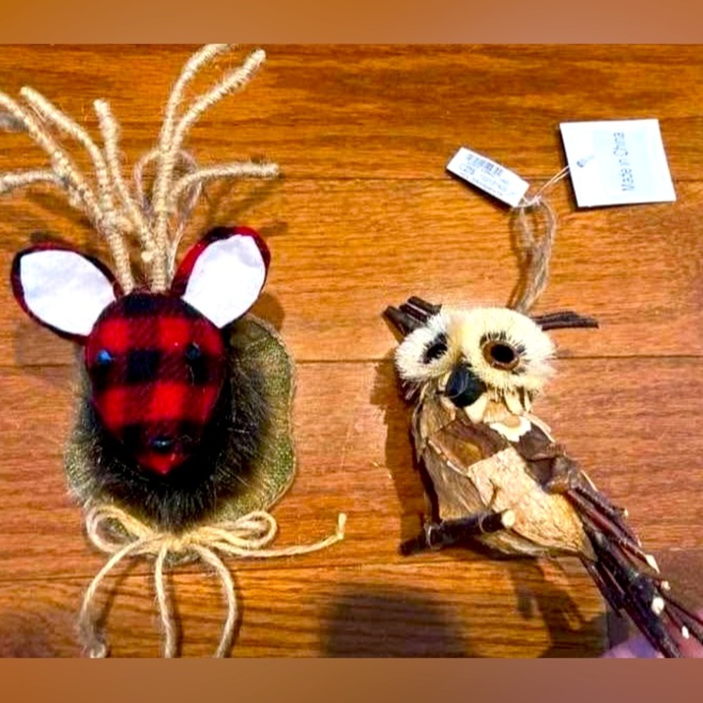 Plaid Reindeer and Rustic Owl Ornaments